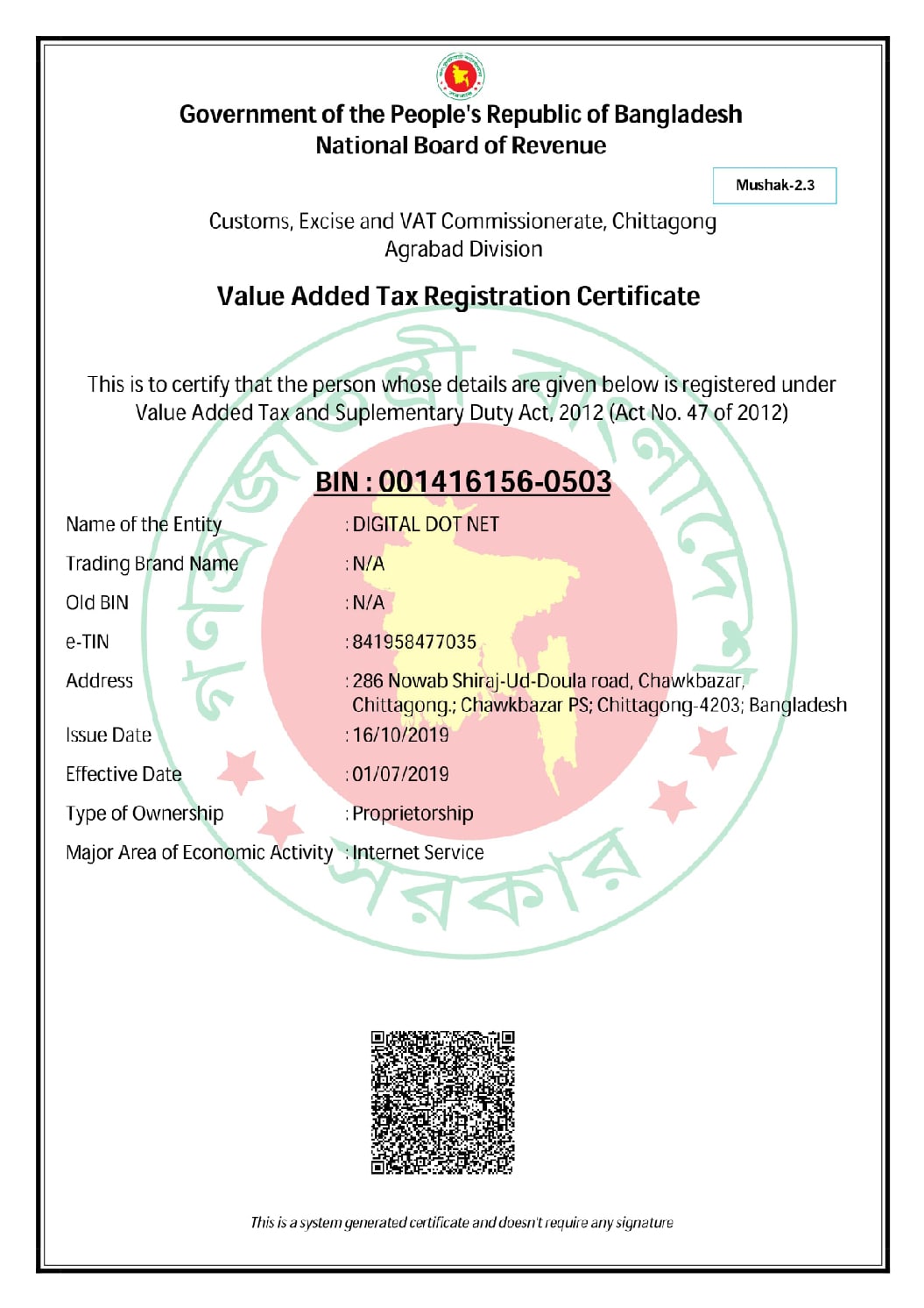 BIN Certificate